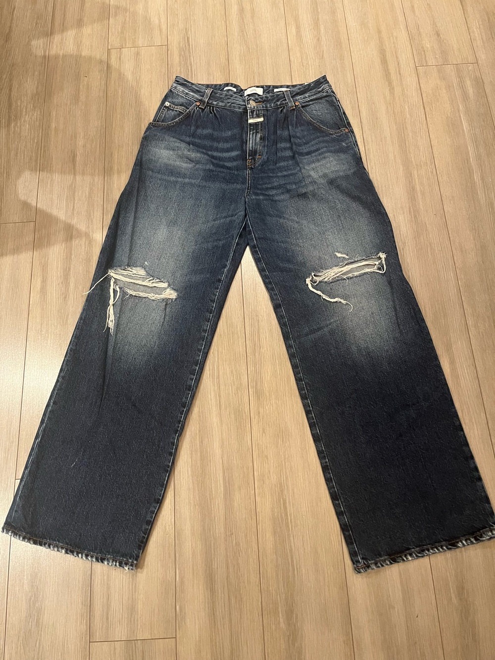 Closed dark wash wide leg distressed jeans